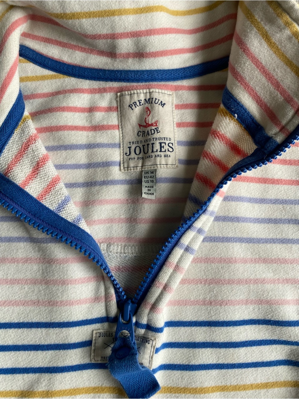 Joules Cream Half-Zip Sweatshirt with Blue, Yellow & Pink Stripes - Picture 2 of 4